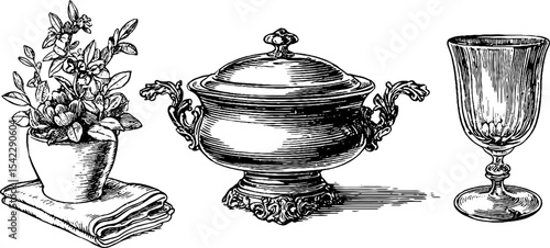 Elegant silverware and dining elements featuring serving tray, lidded soup tureen, and glassware
