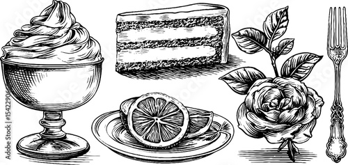 Elegant desserts and detailed tableware with rose and fork