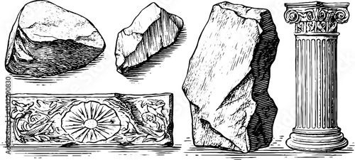 Ancient artefacts and architectural designs with engraved details