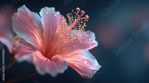 A pink hibiscus flower stands out with vivid colors and intricate details, showcasing its delicate petals and vibrant stamen against a soft, blurred background during dusk.