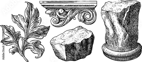 Spiral engraved pebble and altar circle with decorative leaf and architectural elements