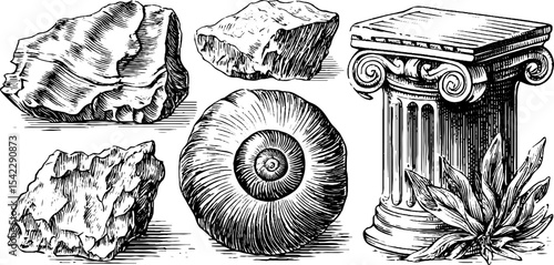 Ancient greek inspiration with spiral engraved pebble and classic altar column design