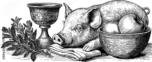 Rustic feast scene with spit roasted piglet, brass goblet, and fruits for culinary design