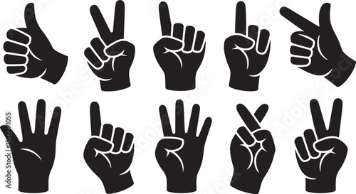 Ten Black Silhouette Hand Gestures Illustrations Showing Numbers One Through Five and Thumbs Up Peace Sign