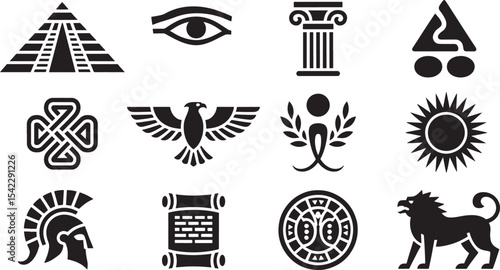 Ten Black Silhouette Icons on White Background Pyramid Eye Column Sun Eagle Knot Spartan Helmet Scroll Lion