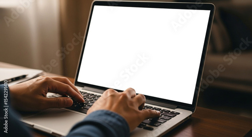 Person using laptop with blank screen for website design mockup