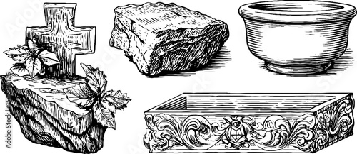 Ornate stone and relic design elements with textures for historical decor