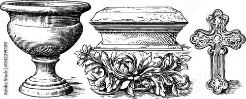 Ancient relic artifacts and ornate stone designs for historical decoration