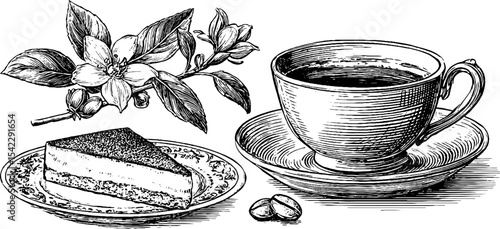 Elegant arrangement of tiramisu slice, espresso cup, and cocoa for culinary art themes