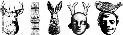 Collection of totem animal masks and figurative designs for cultural and artistic inspiration