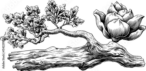 Intricate twisted pine branch and layered bark texture for nature art designs