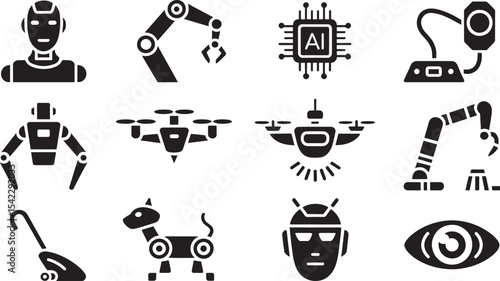 Ten Black Silhouette Vector Illustrations of Robots Drones A I Chip Vacuum Cleaner and Eye