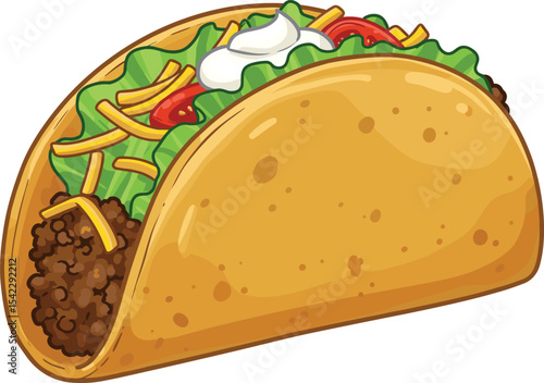Delicious Cartoon Taco with Ground Meat, Lettuce, Cheese, Tomato, and Sour Cream, Perfect for Mexican Food Illustrations