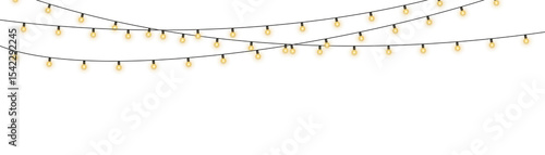 Twinkling fairy lights glow in soft amber. Golden garland loops around festive corner. Warm bulbs dangle on celebration wire. Holiday sparkle brightens the dark scene.