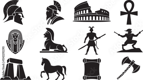 Ten Black Silhouettes Ancient Civilization Symbols Icons Greek Roman Egyptian Mythology History vector