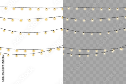 Twinkling fairy lights glow in soft amber. Golden garland loops around festive corner. Warm bulbs dangle on celebration wire. Holiday sparkle brightens the dark scene.