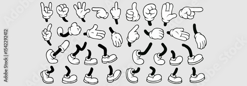 Retro cartoon legs and hands, Hands with gloves and feet with boots, various poses for characters, a set of poses, gestures, placement of hands and feet. Mascot character set. Cartoon set of limbs.eps