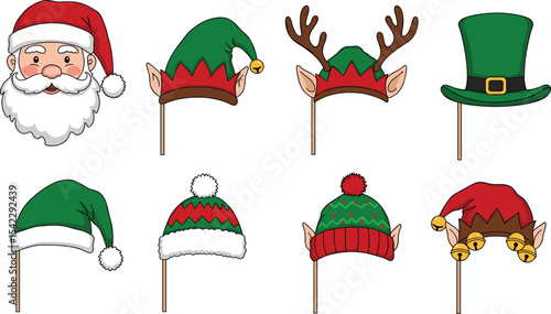 Christmas Photo Booth Props Featuring Santa, Elves, Reindeer Antlers, and Festive Hats for Holiday Celebrations and Fun