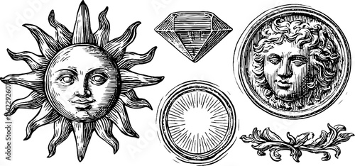 Vintage sun and moon illustrations with wave patterns and ornamental design elements
