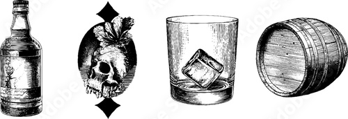Vintage whiskey set with skull motif for bar decor and design