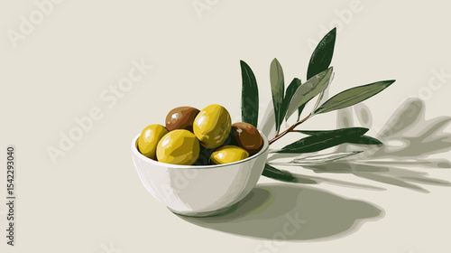 Bowl of green and black olives with leaves on neutral background Nutrition and diets