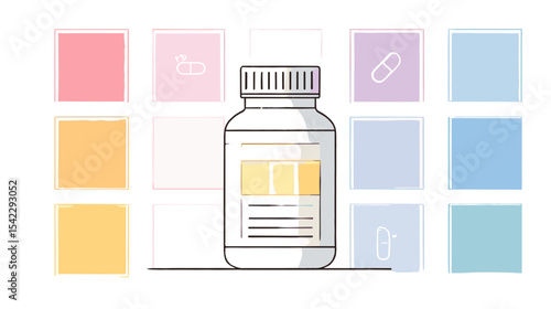Flat lay of supplement bottle with pastel icons of vitamins and pills Nutrition and diets