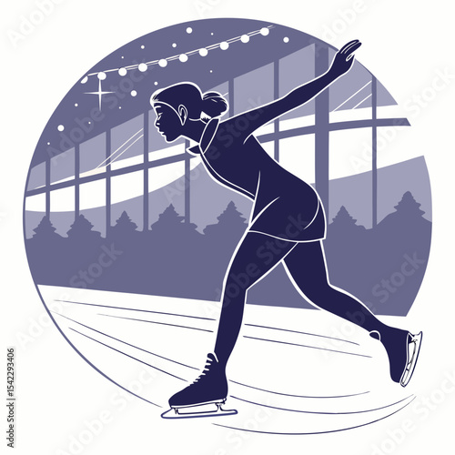 Silhouette of a woman ice skating in an indoor rink with winter decorations and trees in the background