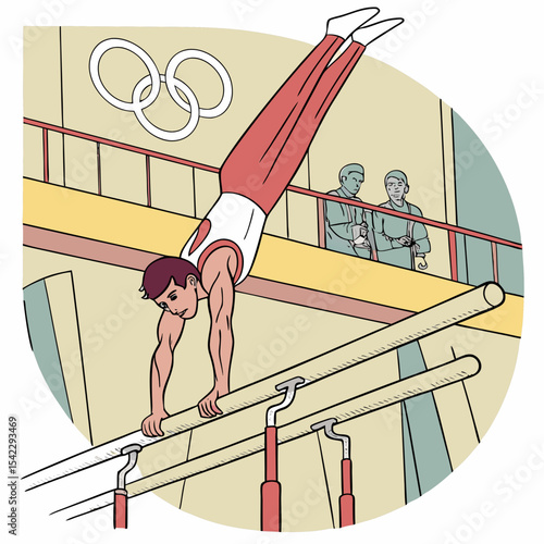 Gymnast performing handstand on parallel bars with olympic rings and spectators in the background scene
