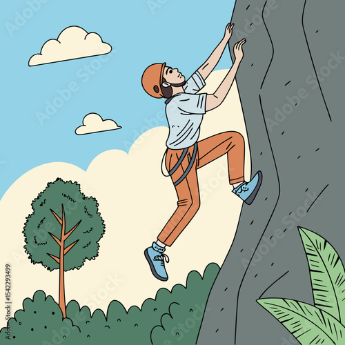 A person climbing a rock face with safety gear in a scenic outdoor environment with clouds and greenery