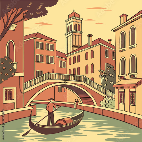 Illustration of a gondola on a canal in venice with a bridge and buildings in the background in italy