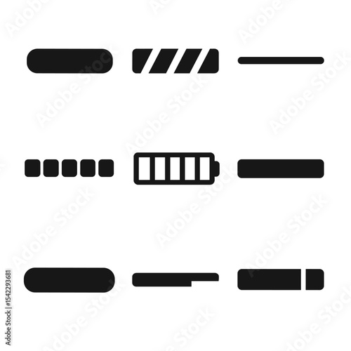 Loading Icons Collection. Solid style icons of linear loaders: horizontal bar, striped progress, moving line, progress steps,