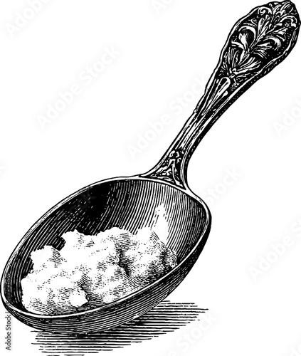 Vintage engraving of spoonful of mashed food for culinary retro design