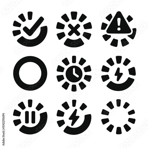 Status Loaders Icons. Solid style icons of status-based loaders: loading success, loading error, loading warning, loading complete