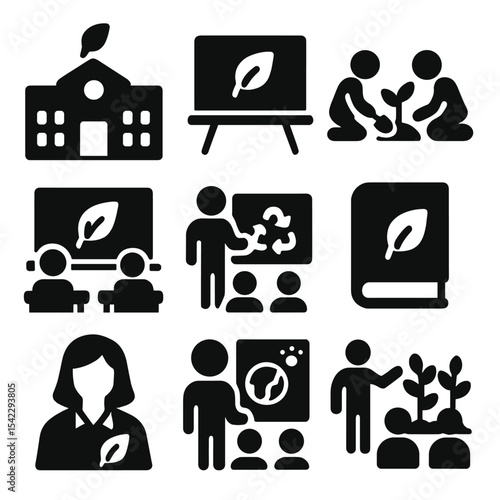Sustainability Education Icons. Solid style icons of sustainability education: school with leaf, eco chalkboard, kids planting,