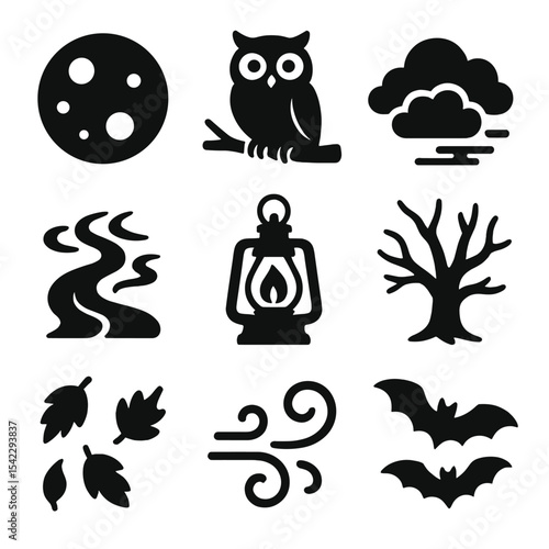 Halloween Night Silhouettes. Solid style icons of Halloween night: full moon, owl on branch, cloudy sky, foggy trail, flickering