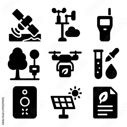 Environmental Monitoring Icons. Solid style icons of environmental monitoring: satellite view, weather station, pollution scanner,