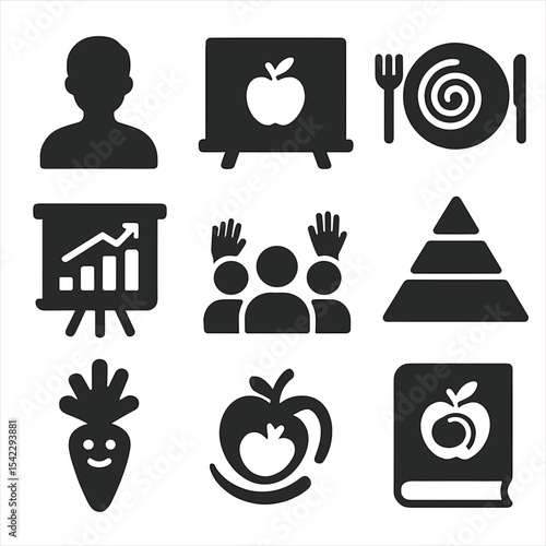 Fiber Education Icons. Solid style icons of fiber education for schools: teacher icon, chalkboard with apple, fiber plate,