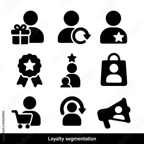 Loyalty Icons Collection. Solid style icons of loyalty segmentation: new customer, repeat buyer, VIP icon, rewards badge, loyalty
