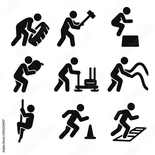 Fitness Icons Silhouette. Solid style icons of functional fitness silhouette: tire flip motion, sledgehammer hit, box jump pose,