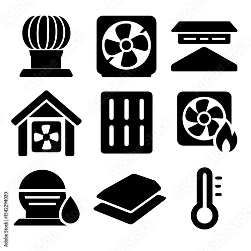 Attic Ventilation Icons. Solid style icons of attic ventilation systems: attic turbine, powered attic fan, roof ridge vent, gable