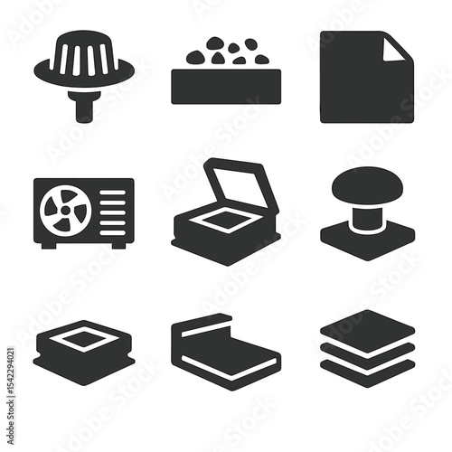 Commercial Roofing Icons. Solid style icons of commercial roofing systems: flat roof drain, ballast gravel, EPDM membrane, rooftop