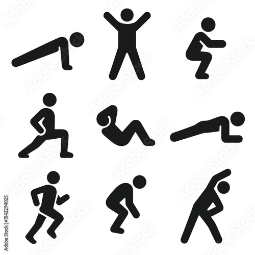 Fitness Exercise Silhouettes. Solid style icons of fitness exercises silhouette: push-up pose, jumping jack, squat position,