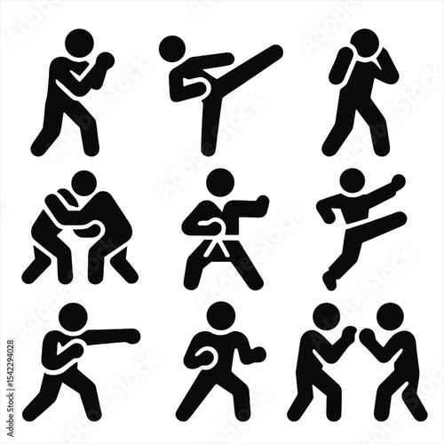 Martial Arts Silhouettes. Solid style icons of martial arts and combat training silhouette: punching stance, roundhouse kick,