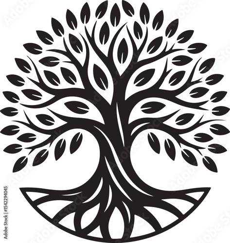 Elegant black and white illustration of a stylized circular tree with leaves and roots