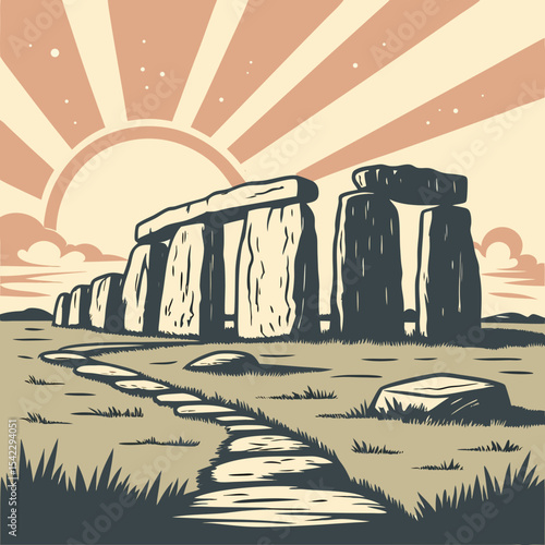 Illustration of stonehenge with a rising sun and a stone path leading to the monument on a grassy field