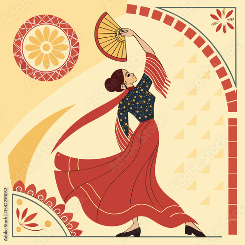 Illustration of a woman in a red dress dancing with a fan against a decorative background design art
