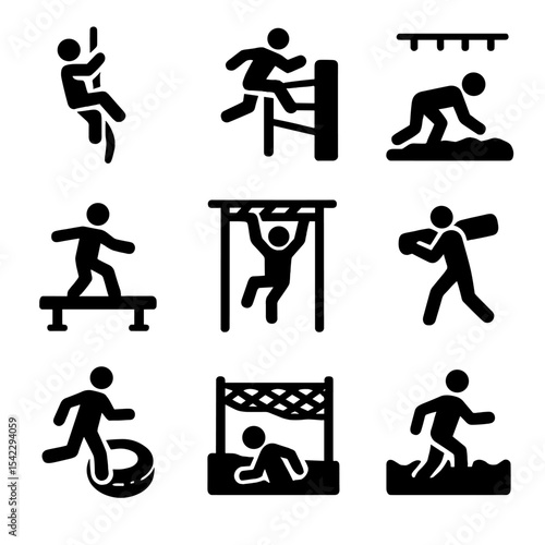 Obstacle Course Icons. Solid style icons of outdoor obstacle course silhouette: rope climb, wall jump, mud crawl, balance beam,
