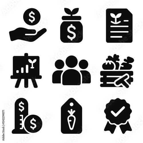 CSA Fundraising Icons. Solid style icons of CSA fundraising and support: donation icon, farm fund jar, grant form, campaign board,