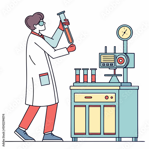 Scientist in lab coat examining test tube with liquid near lab equipment and other test tubes on table