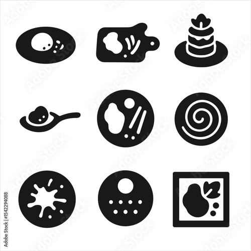 Creative Food Plating Styles. Solid style icons of food plating styles: minimal plate, rustic board, gourmet stack, tasting spoon,